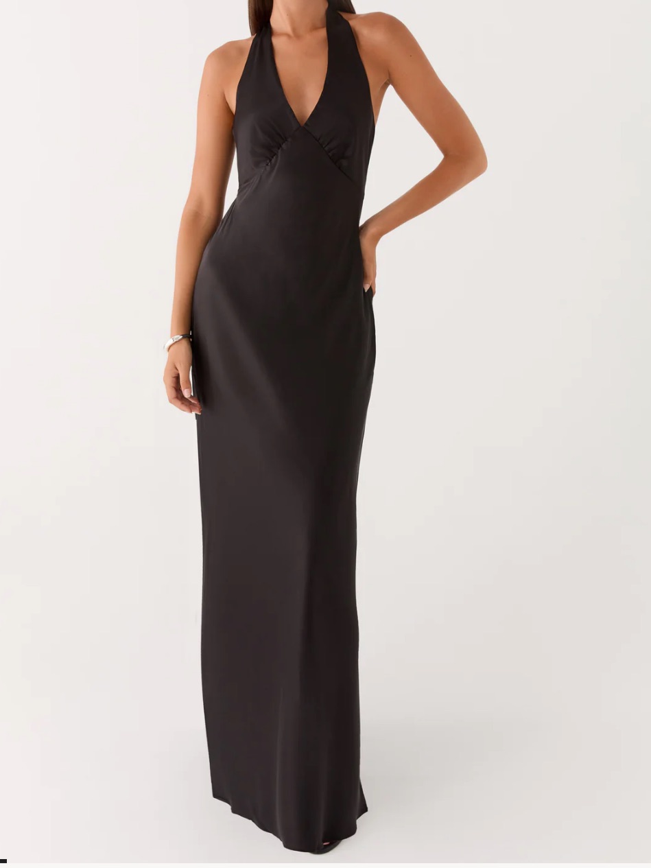 Peppermayo Black Satin Halter Maxi Dress